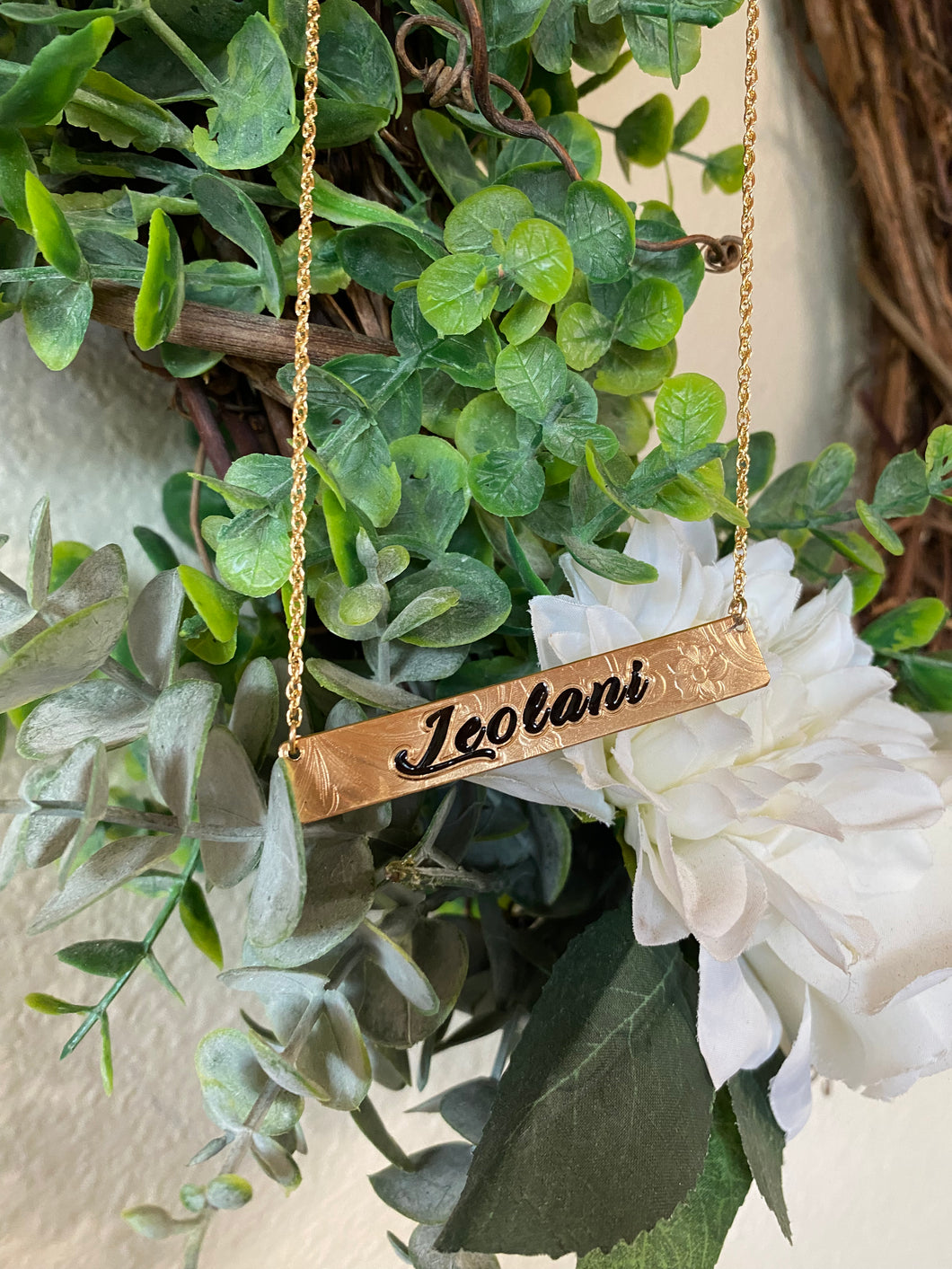 10mm Hawaiian Scroll and Flower Gold Filled Name Plate (10 letters)
