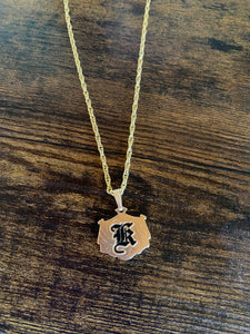 PATTERNED Adult or Keiki HAWAIIAN COAT OF ARMS INITAL-CUT OUT *MEDIUM-1 INCH* Gold Filled Necklace (7letters only) 1st Letter Capital